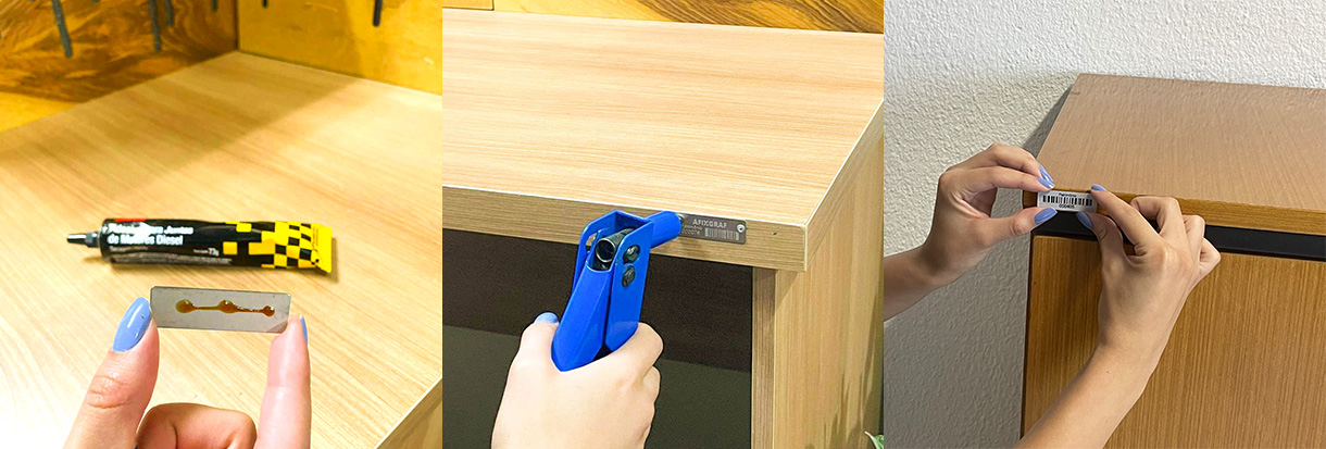 fixando placa de patrimônio com adesivo dupla face