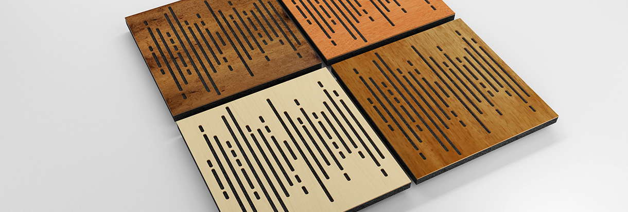 Imagem com 4 tipos de painéis acústicos de madeira