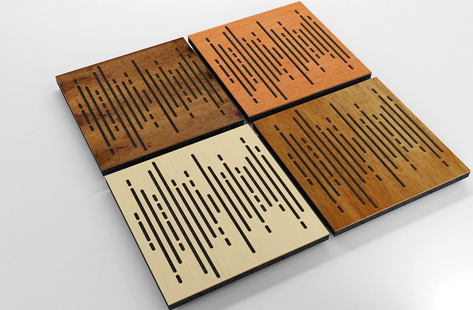 Imagem com 4 tipos de painéis acústicos de madeira