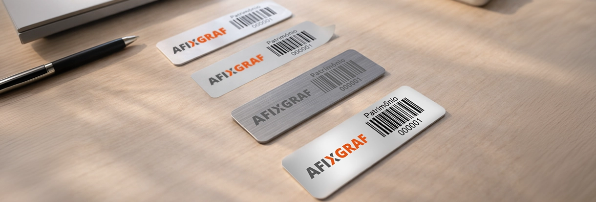Placas e Etiquetas de patrimônio com código de barras da Afixgraf em diferentes materiais para identificação de ativos.