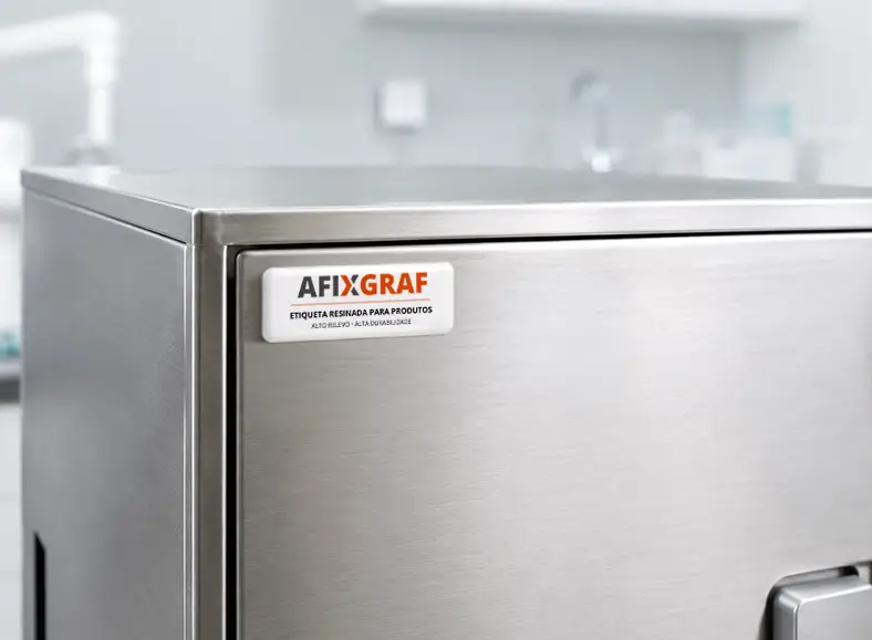 Etiqueta resinada aplicada em um equipamento de saúde, com acabamento em alto relevo e brilho | Afixgraf