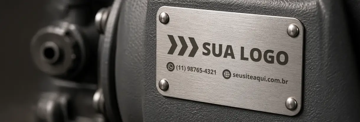Placa de identificação metálica personalizada fixada com rebites sobre a superfície de um equipamento industrial | Afixgraf