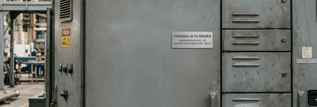 Placa de alumínio fixada em painel elétrico | Afixgraf