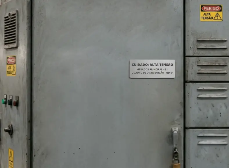 Placa de alumínio fixada em painel elétrico | Afixgraf