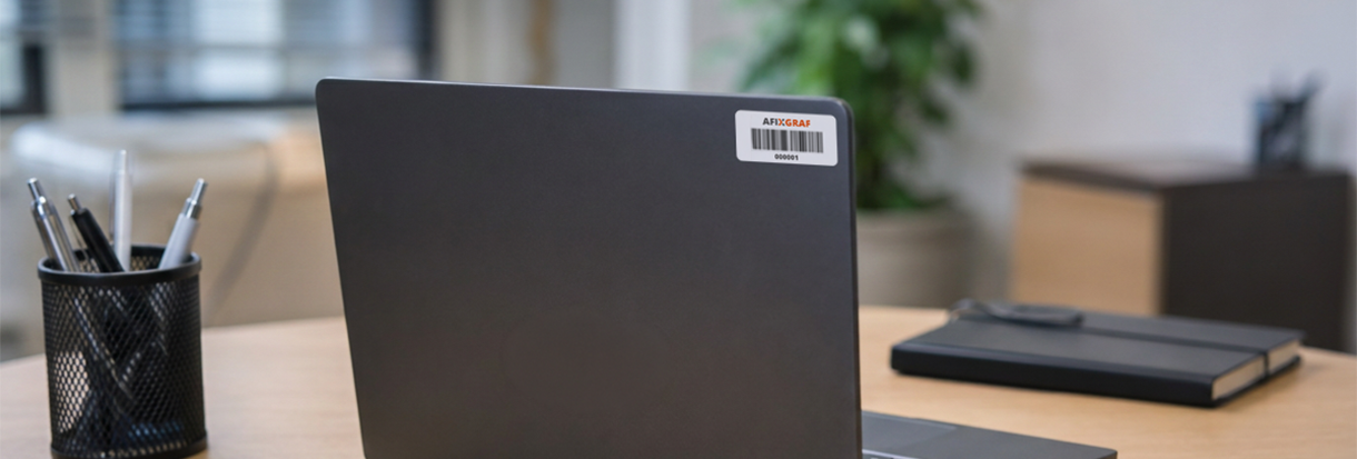Etiqueta de identificação de equipamentos fixada em notebook | Afixgraf