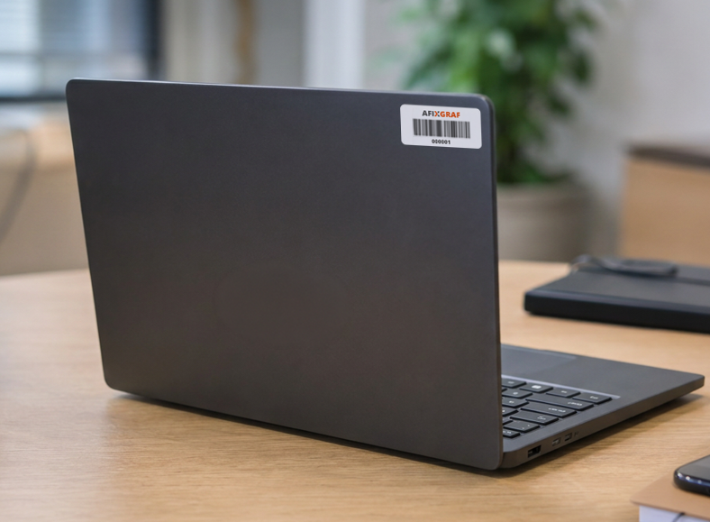 Etiqueta de identificação de equipamentos fixada em notebook | Afixgraf