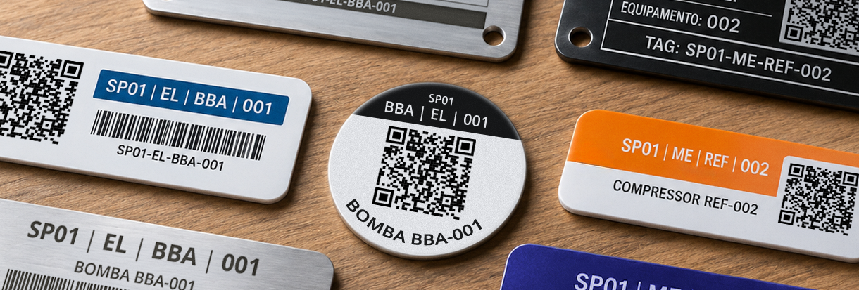 Tags de identificação industrial organizadas sobre uma mesa, mostrando diferentes modelos, materiais e formas de identificação de ativos | Afixgraf