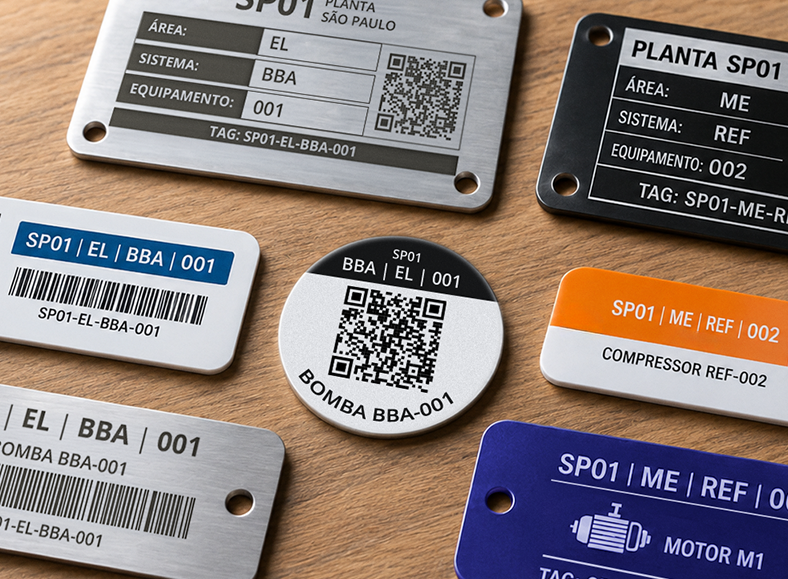 Tags de identificação industrial organizadas sobre uma mesa, mostrando diferentes modelos, materiais e formas de identificação de ativos | Afixgraf